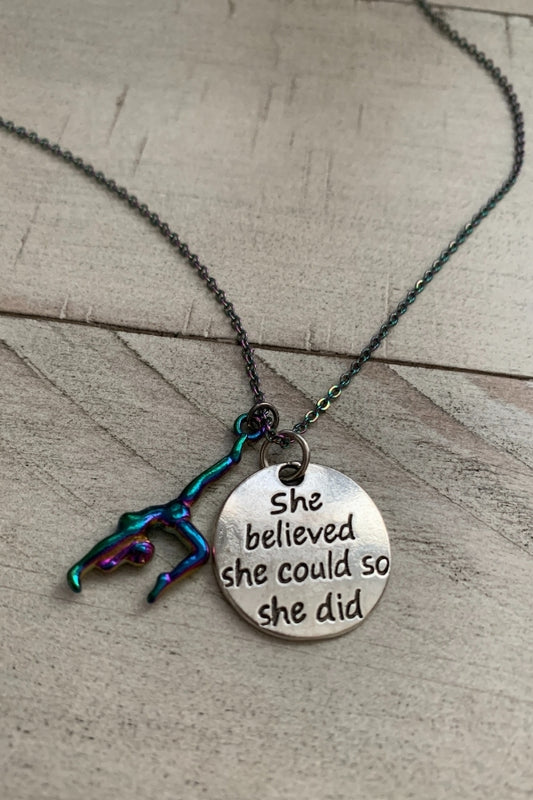 Gymnastics Necklace - She Believed She Could & Rainbow Gymnast Pendant