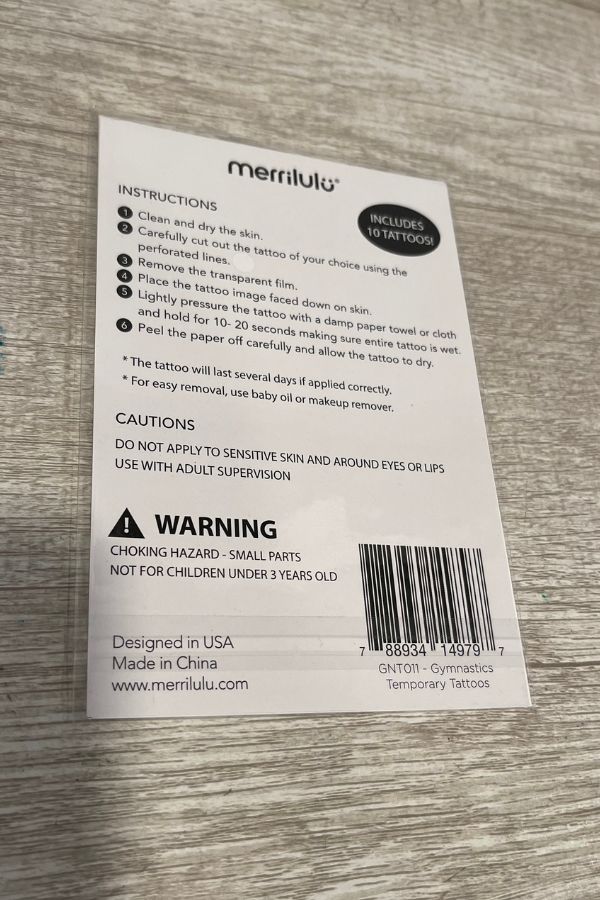 Gymnastics Tattoos - back of package