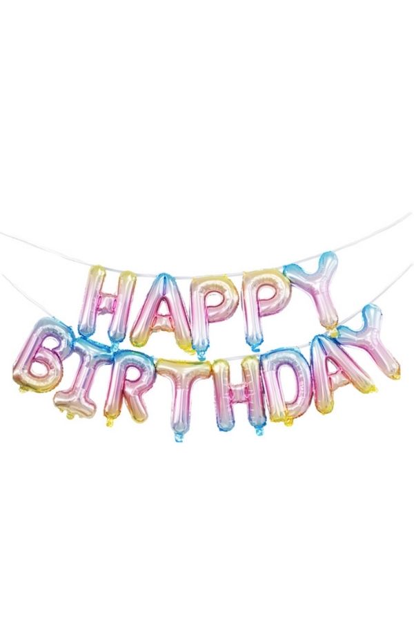 Happy Birthday Balloon Banner in Pastel Rainbow